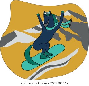 merry horse rides a snowboard. the horse is a snowboarder. Vector sketch, print design on t-shirt, cute tee print