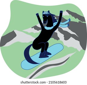 merry horse rides a snowboard. the horse is a snowboarder. Vector sketch, print design on t-shirt, cute tee print