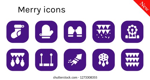  merry icon set. 10 filled merry icons. Simple modern icons about  - Christmas sock, Mitten, Garland, Ferris wheel, Garlands, Trapeze, Fireworks, Ornament