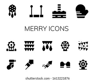 merry icon set. 14 filled merry icons. Included Ornament, Trapeze, North pole, Mitten, Christmas sock, Ferris wheel, Fireworks, Garlands, Garland icons