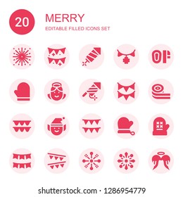 merry icon set. Collection of 20 filled merry icons included Fireworks, Garlands, Garland, Mittens, Mitten, Angel, Firework, Belts candy, Elf