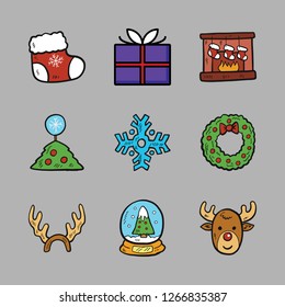 merry icon set. vector set about reindeer, christmas tree, gift and christmas wreath icons set.