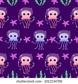  merry jellyfish on a deep background. pink and blue jellyfish with starfish in cartoon style. children's pattern on the wall. funny pictures for kids. marine treasures. Pattern for phone case.