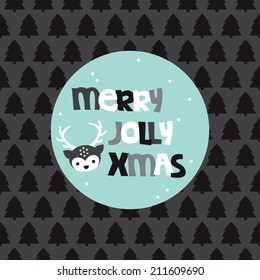 Merry jolly christmas fun geometric typography reindeer tree postcard cover design in vector
