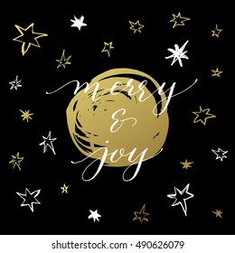 Merry & Joy Christmas greeting card with handwritten calligraphy