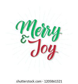 Merry and Joy. Merry Christmas vector text Calligraphic Lettering design card template. Creative typography for Holiday Greeting Gift Poster. Calligraphy Font style Banner.