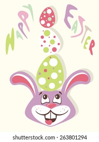 merry joy of the Easter bunny holding a color Easter eggs isolated on soft beige background. has an inscription happy easter
