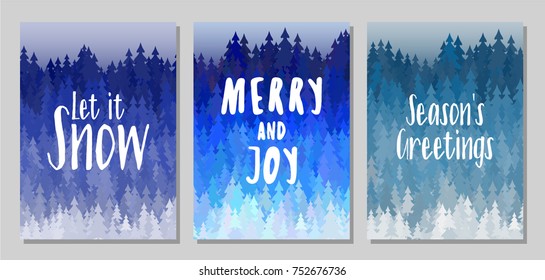 Merry and Joy, Let it Snow, Season's greetings cards. Winter forest panorama with blue christmas trees landscape. Winter scene background with fir trees, spruces. Greeting card templates vector design