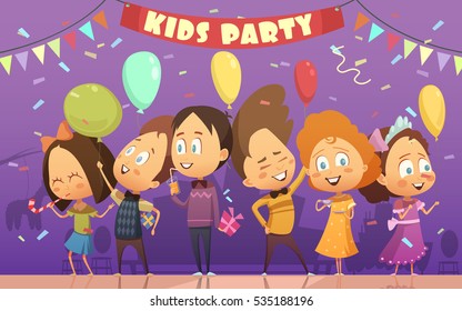 Merry kids dancing and playing at birthday patry cartoon vector illustration