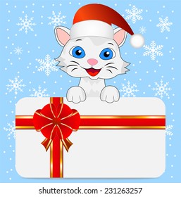 merry kitten in a christmas cap and greeting-card,vector illustration