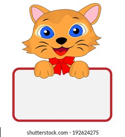 merry kitten holds a clean banner, vector illustration