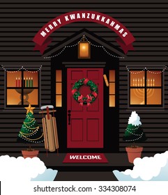 Merry Kwanzukkahmas (combination Of Kwanzaa, Hanukkah And Christmas) Front Door. EPS 10 Vector Illustration