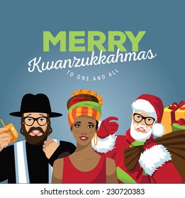 Merry Kwanzukkahmas with Rabbi, Santa and African woman Combines Kwanzaa, Hanukkah and Christmas EPS 10 vector illustration