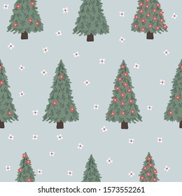 Merry land - Floral Christmas Tree seamless vector pattern. Chrismas tree bearing red flowers arranged in a grid with white flowers falling in the background .