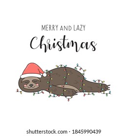 Merry and lazy Christmas sloth vector illustration. Cute hand drawn sloth with santa hat lying wrapped in xmas lights. Isolated cartoon greeting card.