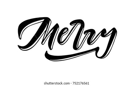 Merry lettering. Vector illustration. Merry brush lettering isolated on white background.