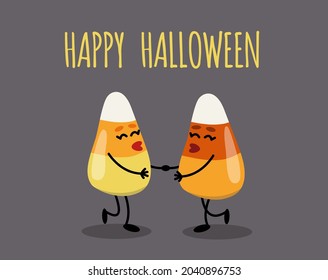 Merry lgbt Candy Corn greeting card for Halloween. Loving Lesbian couple. White, yellow, orange. Isolated vector stock illustration EPS 10 on gray background