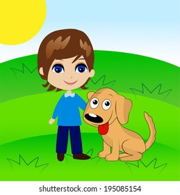 merry little boy with a dog,vector illustration