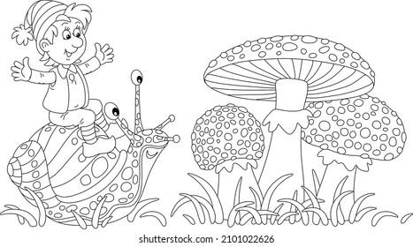 Merry little boy riding on a funny garden snail and big spotted fly agarics among grass on a forest glade, black and white outline vector cartoon illustration for a coloring book page