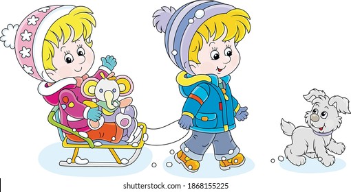Merry little boy sledding a happy cute girl with a colorful toy elephant and walking with a cheerful grey puppy on a frosty and snowy winter day, vector cartoon illustration on a white background