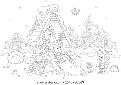 Merry little children playing on a toy slide on a snow-covered playground in a winter park of a pretty small town on a beautiful snowy day, black and white vector cartoon for a coloring book