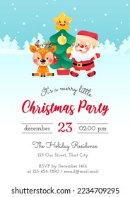 Merry Little Christmas Party invitation template. Winter holiday illustration with a deer, a fir tree and a Santa Claus on a background of a winter landscape. Vector 10 EPS.
