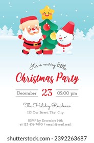 Merry Little Christmas Party invitation template. Winter holiday illustration with a Santa Claus, a snowman and a fir tree on a background of a winter landscape. Vector 10 EPS.
