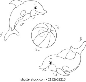 Merry little dolphins jumping out of water and playing a big striped ball, black and white vector cartoon illustration for a coloring book page