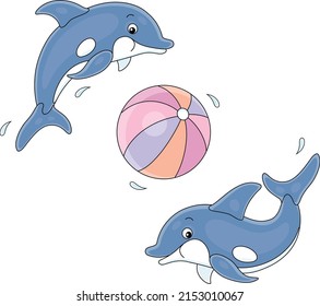 Merry little dolphins jumping out of water and playing a big striped ball, vector cartoon illustration isolated on a white background