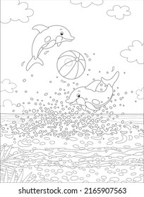 Merry little dolphins in splashes jumping out of water and playing with a big striped ball near a sandy beach of a palm island in a tropical sea, black and white vector cartoon for a coloring book