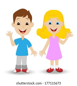 merry little girl and boy on white background, vector illustration