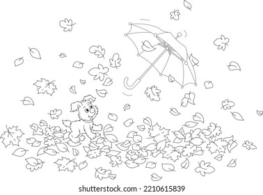 Merry little puppy playing and chasing a toy umbrella flying and swirling in the wind among falling leaves in an autumn park, black and white outline vector cartoon illustration for a coloring book