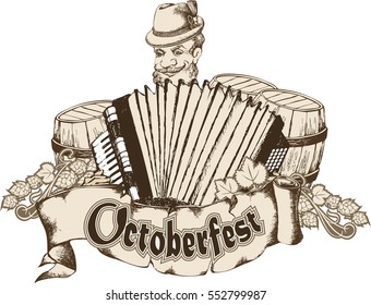 Merry man with accordion in bavarian hat. Engraving style