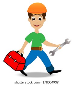 merry man builder with a gripsack and wrench in hands,vector illustration