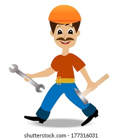 merry man builder with a hammer and wrench in hands,vector illustration