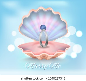 Merry me engagement ring with shiny blue pearl in huge shell on light blue background. Vector illustration with jewelry for romantic proposal