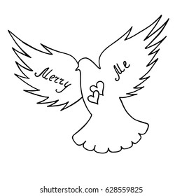 Merry me. Phrase handwritten isolated in the silhouette of a dove. Vector illustration.