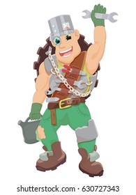 The merry mechanic is armed with tools and is ready to work.