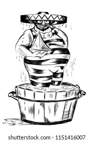 A merry Mexican in a barrel of water and a toy boat in his hand. Sketch vector illustration isolated on white background.