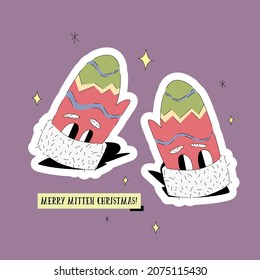 Merry Mitten Christmas greeting card with mittens comic character isolated on violet background. New Year banner template. Funny pun vector design.