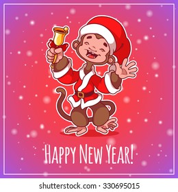 Merry monkey with a bell and Christmas dress. Symbol of 2016 - a monkey. Vector Christmas card.