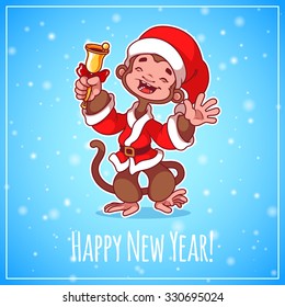 Merry monkey with a bell and Christmas dress. Symbol of 2016 - a monkey. Vector Christmas card.