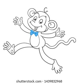 Merry monkey runs. Black and white picture with blue accent. In cartoon style. Isolated on white background. For coloring book.