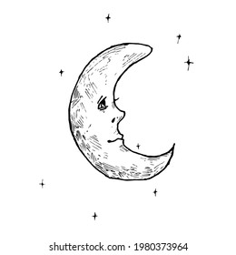 Merry month, moon in the sky. Linear vector drawing, sketch.
