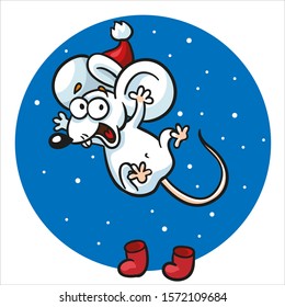 A merry mouse jumps in boots and a Santa hat. Animal cartoon character. Symbol of the Chinese horoscope, happy new year. Isolated on white background