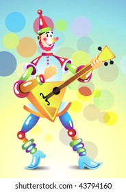 merry musician with a balalaika on a blue background with mugs