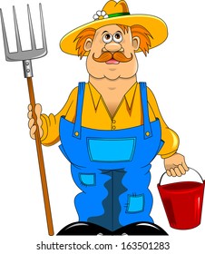 merry mustachioed farmer with a pitchfork and bucket