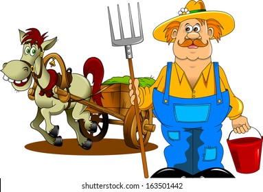 merry mustachioed farmer with a pitchfork and bucket; 