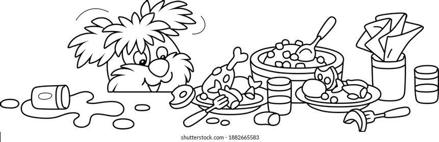 Perro amargo e travieso de buen humor que cena y mira desde debajo de una mesa de cocina con platos, ilustración vectorial de contorno negro y blanco