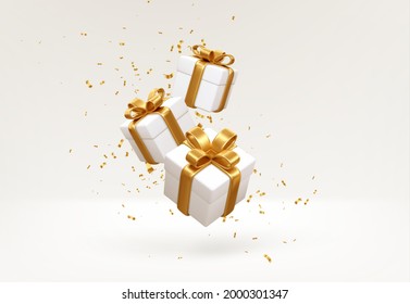 Merry New Year and Merry Christmas 2022 white gift boxes with golden bows and gold sequins confetti on white background. Gift boxes flying and falling. Vector illustration EPS10